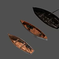 Three Vintage Wooden Boats with Natural Wood Hulls and Rowing Oars