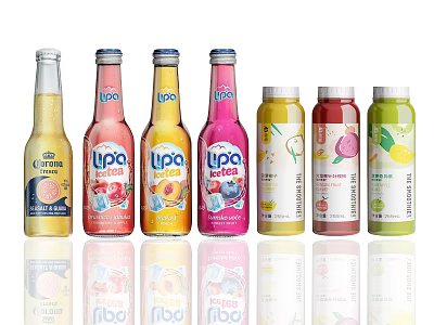 Display Of Various Bottled Beverages With Distinct Flavors And Brands 3d model