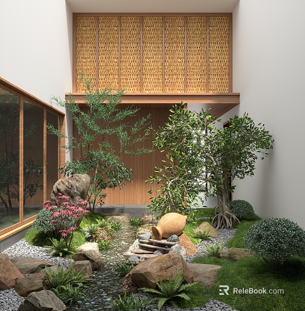 Serene Courtyard Garden With Bamboo Woven Screen Lush Green Plants Pink Flowers And Stone Basin 3d model 