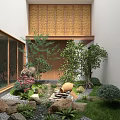 Serene Courtyard Garden With Bamboo Woven Screen Lush Green Plants Pink Flowers And Stone Basin