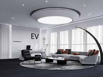 Modern Office Interior Featuring EV Logo Sofa Armchair Large Windows Arc Floor Lamp Round Rug 3d model