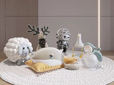 Plush Toys Collection Featuring Sheep Deer Whale Seagull And Snowman On White Circular Mat 3d model