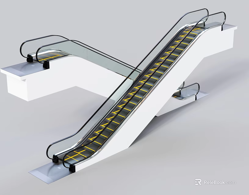 Modern Escalator With Transparent Handrails Yellow Step Lines And White Frame 3d model 