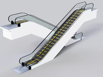 Modern Escalator With Transparent Handrails Yellow Step Lines And White Frame 3d model