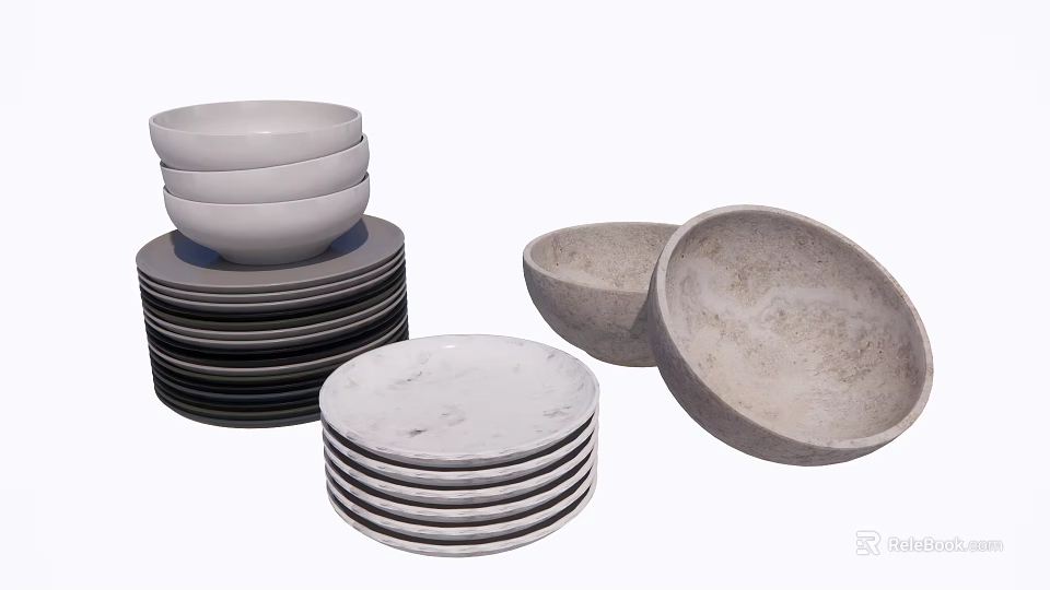 Ceramic Dinnerware Set With Stacked White Bowls And Gray Marble Plates 3d model