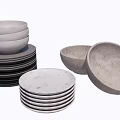 Ceramic Dinnerware Set With Stacked White Bowls And Gray Marble Plates 3d model