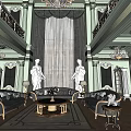 Luxurious Duplex Living Room With Green Walls Large Window Chandelier And White Statues