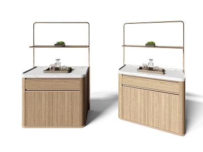 Modern Wooden Sideboard With Open Shelves White Countertop And Green Plants 3d model