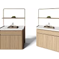 Modern Wooden Sideboard With Open Shelves White Countertop And Green Plants