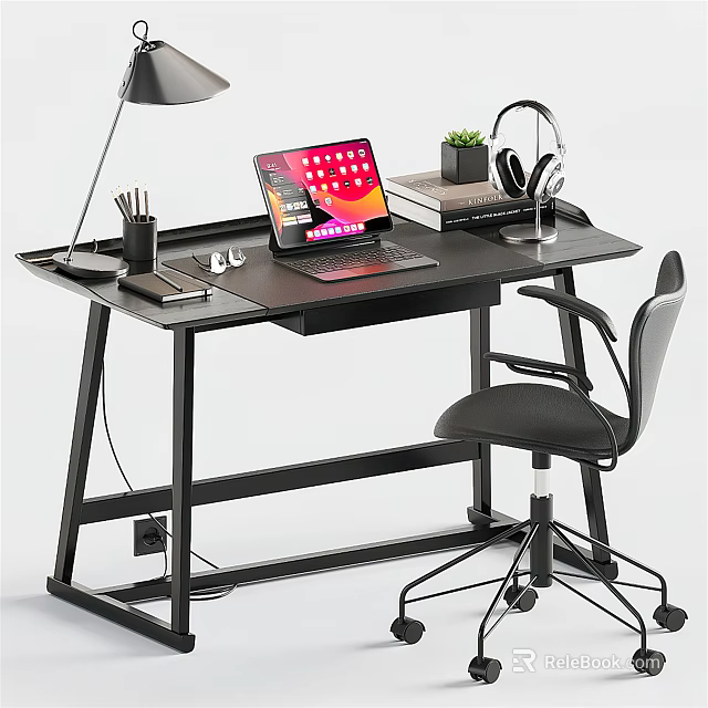 Modern Black Desk Setup With Laptop Lamp Headphones Books And Small Plant 3d model 