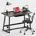 Modern Black Desk Setup With Laptop Lamp Headphones Books And Small Plant