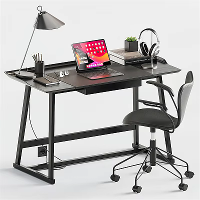 Modern Black Desk Setup With Laptop Lamp Headphones Books And Small Plant 3d model