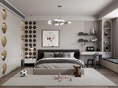 Kids Room Interior Design With Circular Wall Decor Bed Stuffed Deer And Soccer Ball 3d model