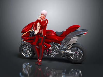 Game Movie Character With White Hair Posing In Red Outfit By Modern Red Motorcycle 3d model