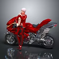 Game Movie Character With White Hair Posing In Red Outfit By Modern Red Motorcycle