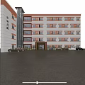 Modern School Building Main Entrance Facade With Yellow White Exterior Red Accents And People Walking