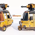 Yellow Mechanical Tricycle with Top Mounted Devices and Vintage Design