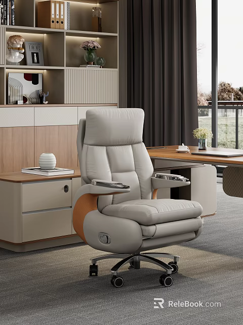 Ergonomic Light Gray Leather Office Chair With Adjustable Arms And Side Desk In Modern Workspace 3d model 