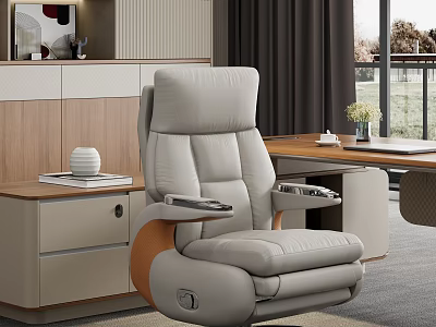 Ergonomic Light Gray Leather Office Chair With Adjustable Arms And Side Desk In Modern Workspace 3d model