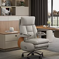 Ergonomic Light Gray Leather Office Chair With Adjustable Arms And Side Desk In Modern Workspace