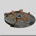 Outdoor Garden Feature With Circular Fire Pit Wooden Chairs Striped Cushions And Stone Patio