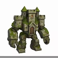 Stone Castle Giant Figure With Moss Covered Vines Small Windows And Green Spires