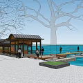 Traditional Pavilion With Trees And People Near Sea View Open Space