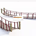 Wooden Landscape Bridge With Curved Design And Rope Railings On Wooden Pillars