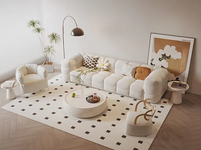Modern Minimalist Sofa and Coffee Table Set with Round Table Soft Cushions Armchair and Plants 3d model
