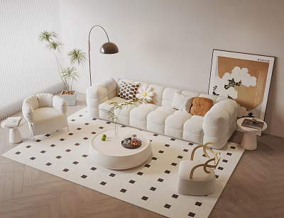 Modern Minimalist Sofa and Coffee Table Set with Round Table Soft Cushions Armchair and Plants 3d model
