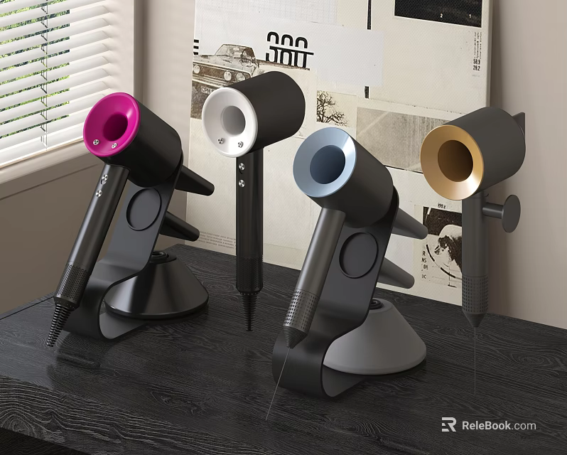 Modern Hairdryers in Pink White Blue Gold Colors on Black Tabletop Stand Base 3d model 