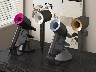 Modern Hairdryers in Pink White Blue Gold Colors on Black Tabletop Stand Base 3d model