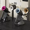 Modern Hairdryers in Pink White Blue Gold Colors on Black Tabletop Stand Base