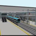 Modern Metro Station Platform With Striped Ceiling Escalators And Blue Train 3d model