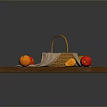 Fresh Fruits in Wicker Basket on Wooden Cutting Board with Scattered Oranges Apples and Pears