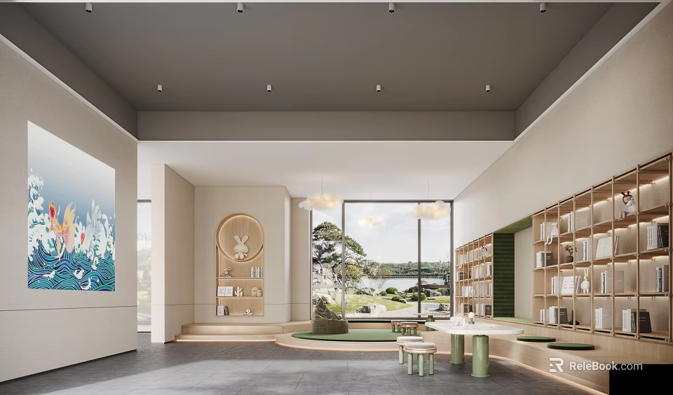 Modern Clubhouse Interior Design With Open Space Bookshelves And Scenic View Windows 3d model 
