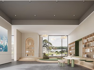 Modern Clubhouse Interior Design With Open Space Bookshelves And Scenic View Windows 3d model