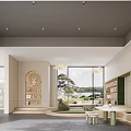 Modern Clubhouse Interior Design With Open Space Bookshelves And Scenic View Windows