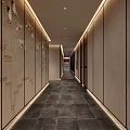 Hotel Corridor With Modern Design Wooden Doors Recessed Lighting And Gray Stone Flooring