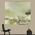 Soft Green And Gray Abstract Painting On Beige Wall With Black Chair And Potted Plant