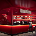 Red Themed Cafe Interior With Counter Seating Shelves And Geometric Patterns 3d model