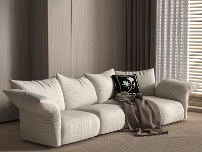 Modern Light Beige Multi Seat Sofa With Black Patterned Pillow And Brown Throw Blanket 3d model