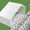 Modern White Slatted Pergola in Landscape with Green Trees and Stone Pavement