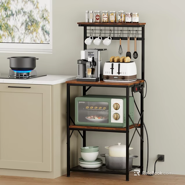 Modern Kitchen Storage Shelf With Coffee Maker Toaster Microwave And Hanging Utensils 3d model 