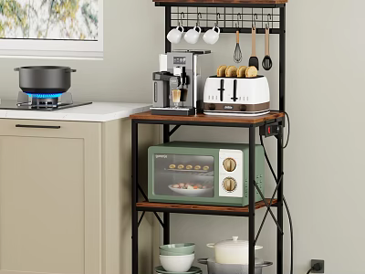 Modern Kitchen Storage Shelf With Coffee Maker Toaster Microwave And Hanging Utensils 3d model