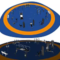 Outdoor Circular Sports Training Area With Blue Yellow Floor And Multiple Fitness Equipment