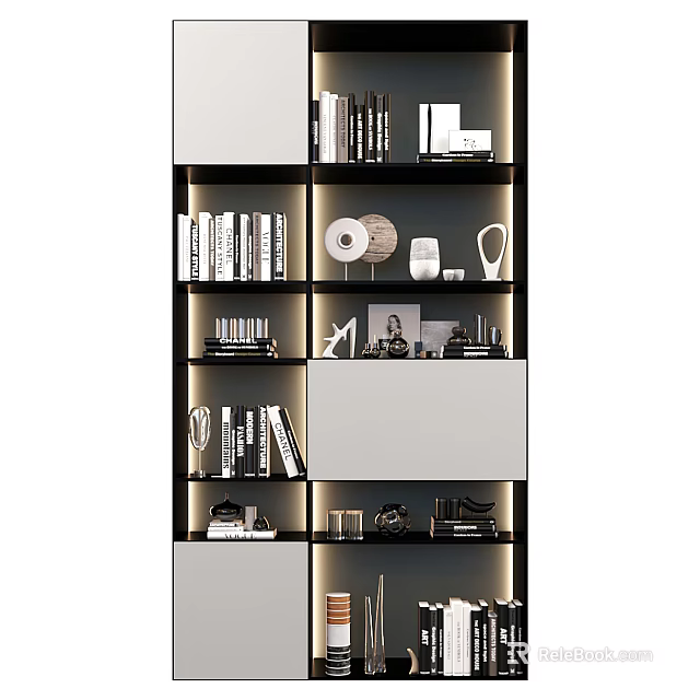 Modern Bookcase Interior Design With Books Decorative Items And Storage Shelves 3d model