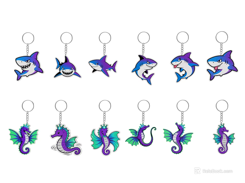 Cute Shark And Seahorse Shaped Keychains With Colorful Designs For Gifts 3d model 
