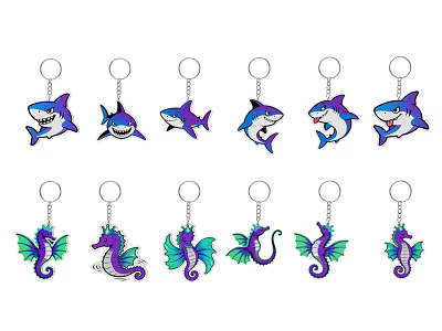 Cute Shark And Seahorse Shaped Keychains With Colorful Designs For Gifts 3d model