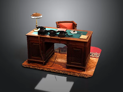 Vintage Wooden Desk Setup With Table Lamp Telephones Red Cushion Chair And Rug 3d model